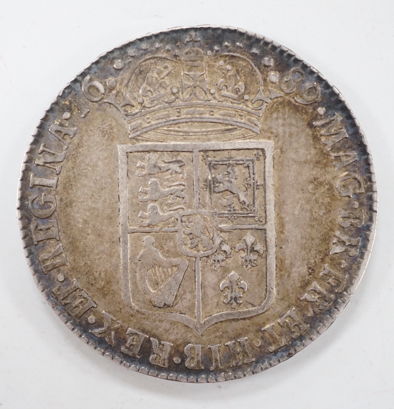 A William and Mary halfcrown, 1689, first reverse (VF)